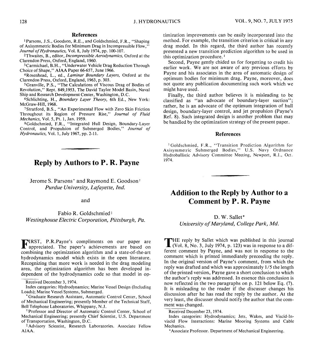 Reply by Authors to P. R. Payne by Unknown