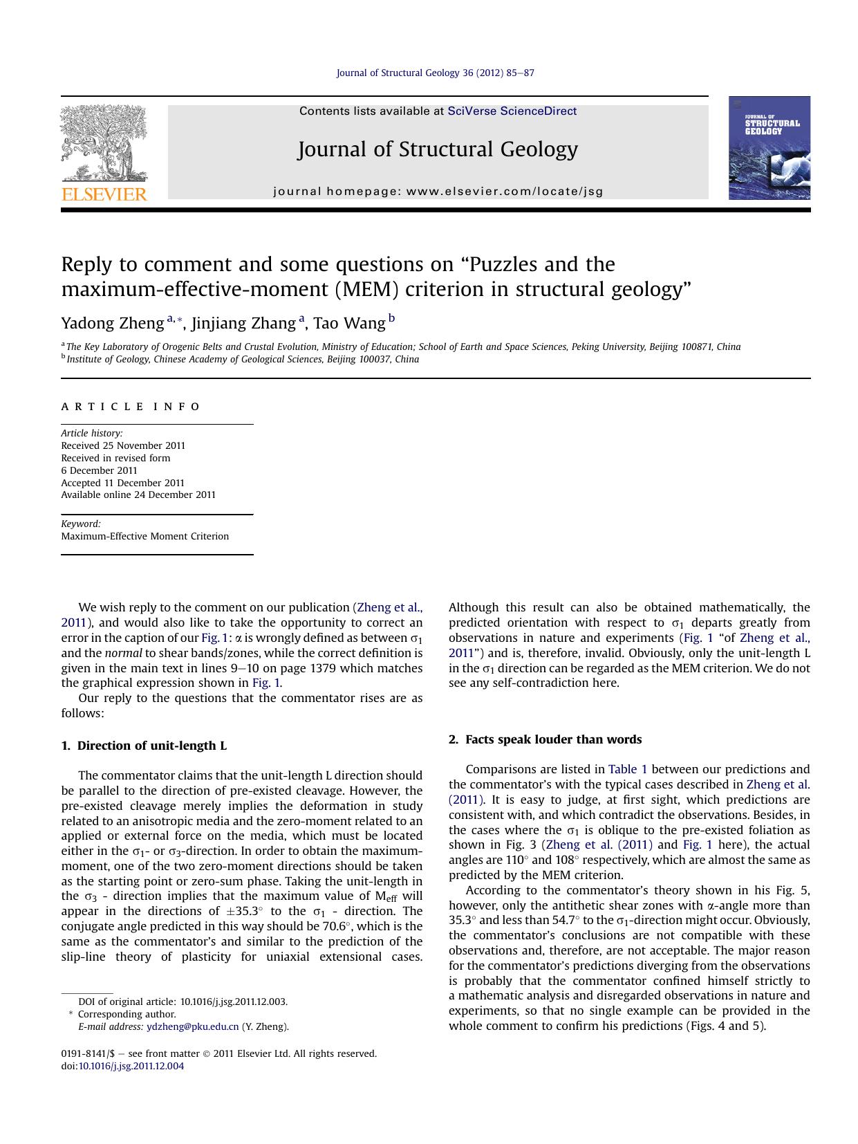 Reply to comment and some questions on ``Puzzles and the maximum-effective-moment (MEM) criterion in structural geology'' by Yadong Zheng & Jinjiang Zhang & Tao Wang