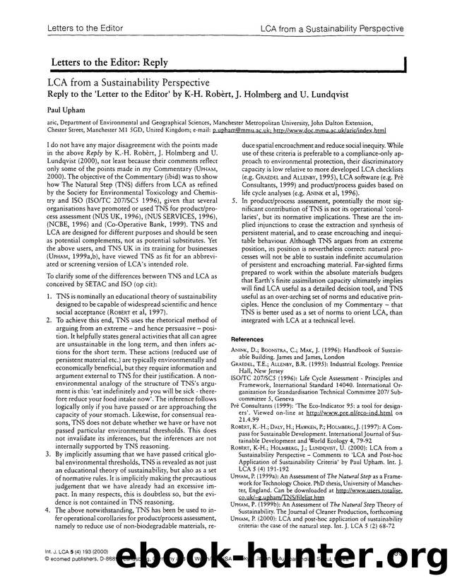 Reply to the ‘letter to the editor’ by K-H. Robèrt, J. Holmberg and U. Lundqvist by Unknown