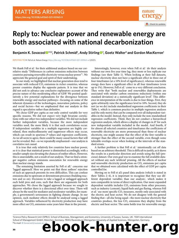 Reply to: Nuclear power and renewable energy are both associated with national decarbonization by Benjamin K. Sovacool & Patrick Schmid & Andy Stirling & Goetz Walter & Gordon MacKerron