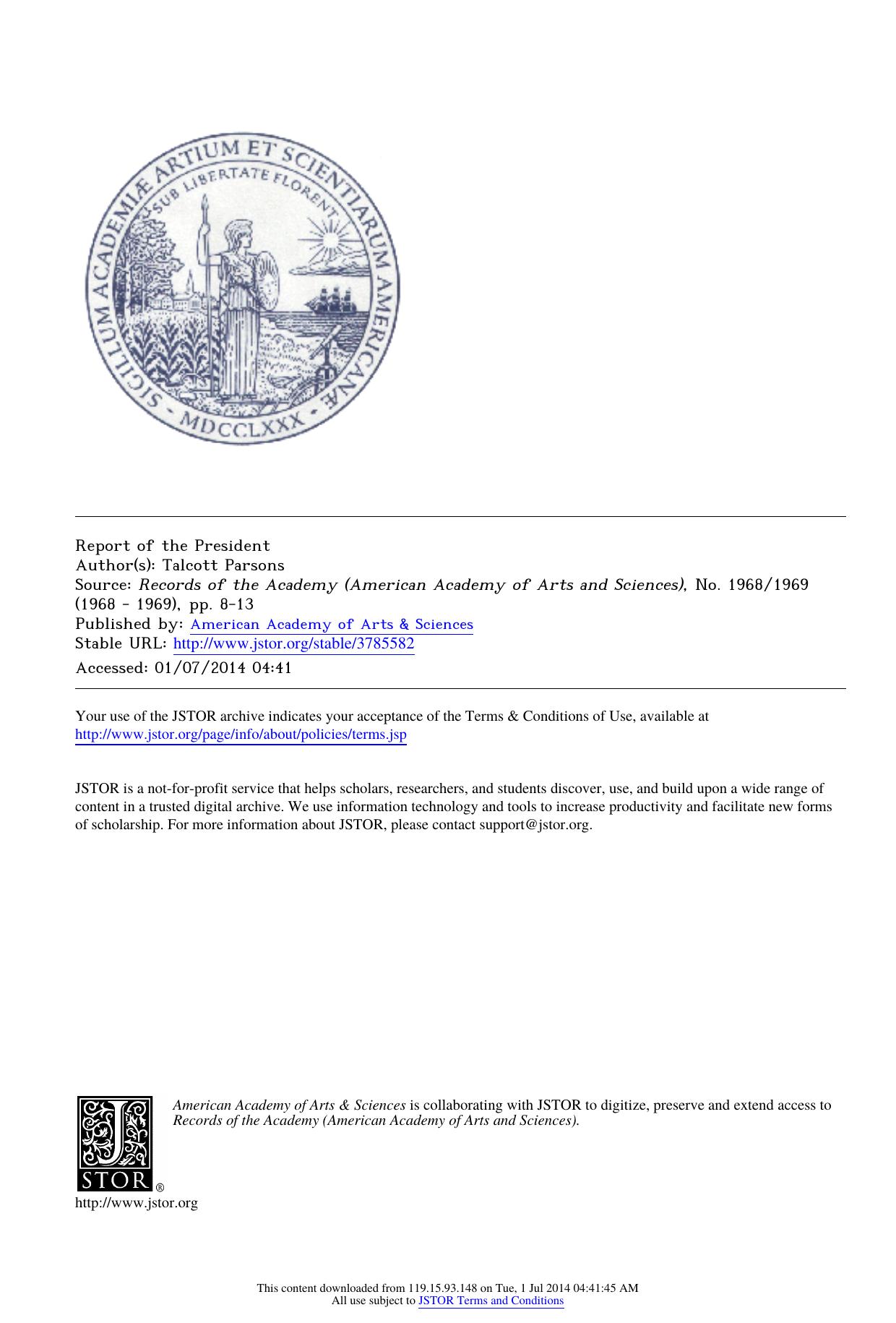 Report of the President by Report of the President Records of the Academy (American Academy of Arts & Sciences)