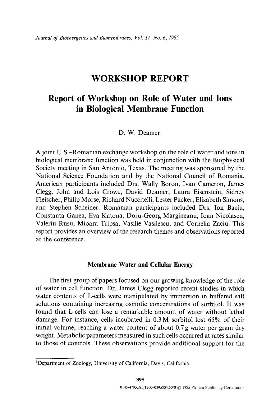 Report of workshop on role of water and ions in biological membrane function by Unknown