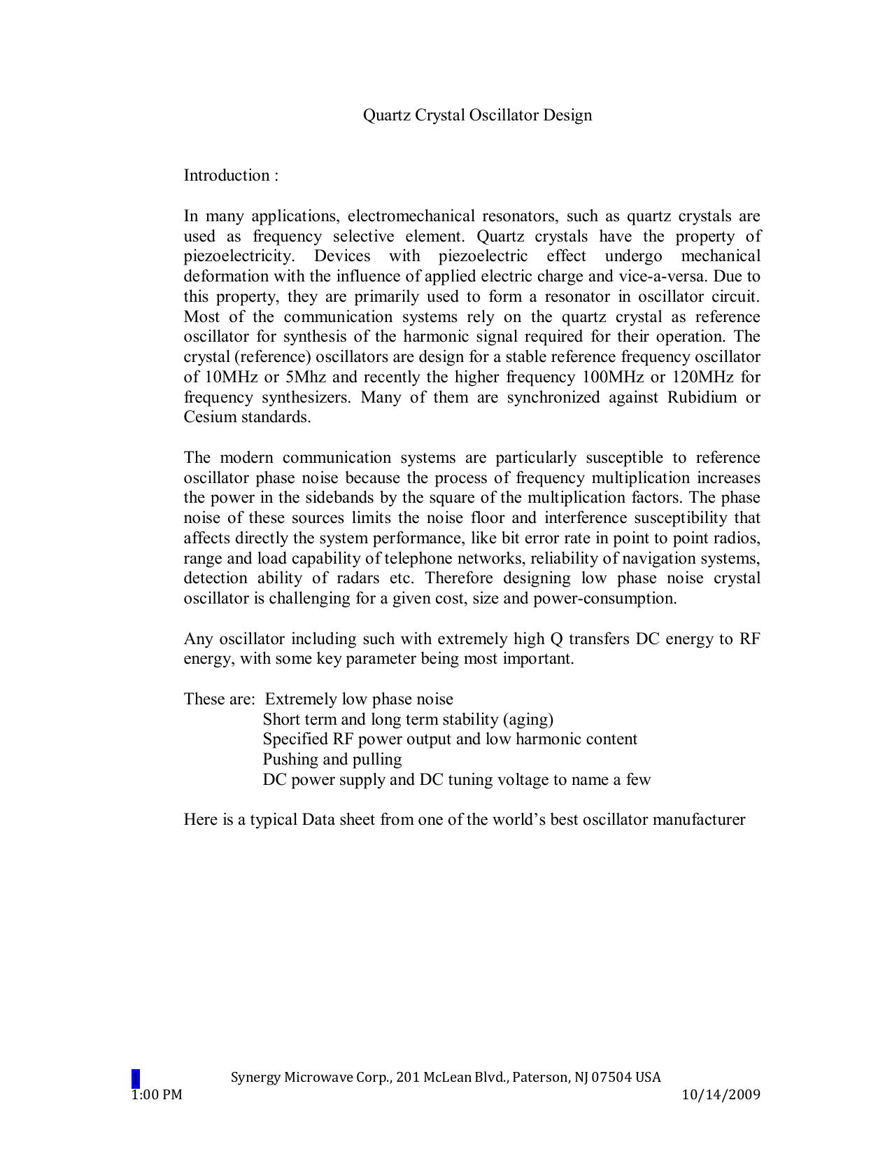 Report on 10MHz Crystal Oscillator: by rlakhe