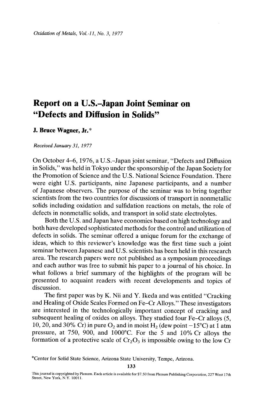 Report on a U.S.-Japan Joint Seminar on &#x201C;Defects and Diffusion in Solids&#x201D; by Unknown