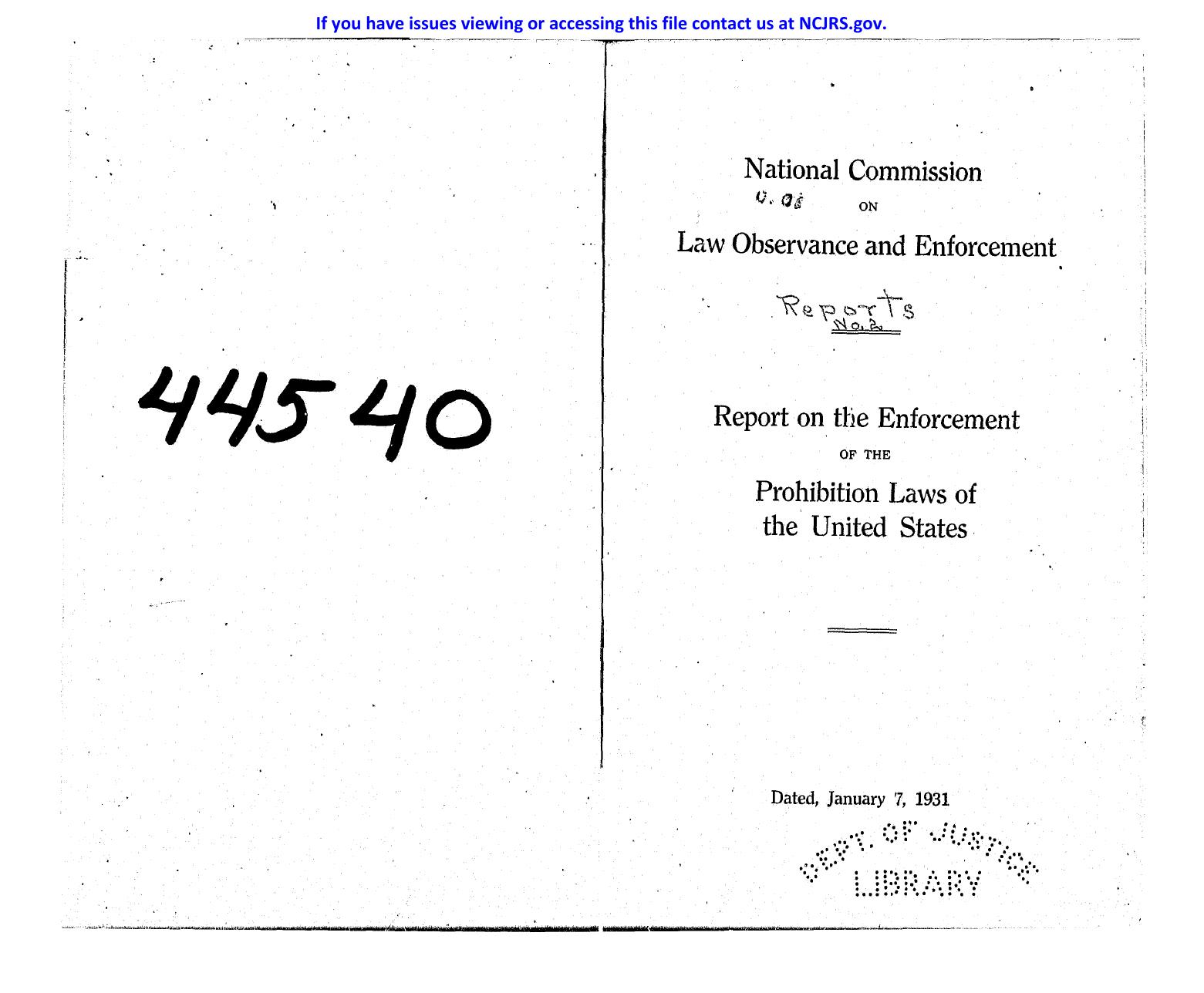 Report on the Enforcement of Prohibition Laws of the United States (Wickersham Report) by National Comission on Law Observance and Enforcement