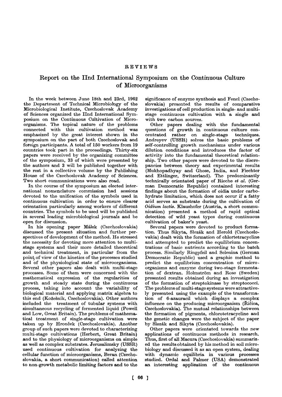 Report on the IInd International Symposium on the Continuous Culture of Microorganisms by Unknown