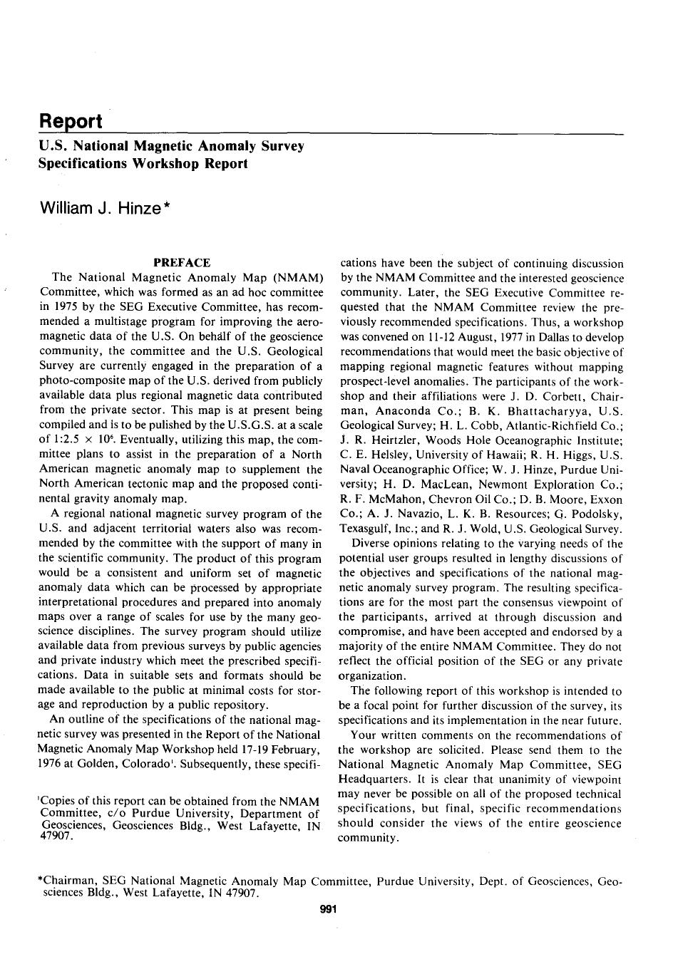 Report: U.S. National Magnetic Anomaly Survey by William J. Hinze