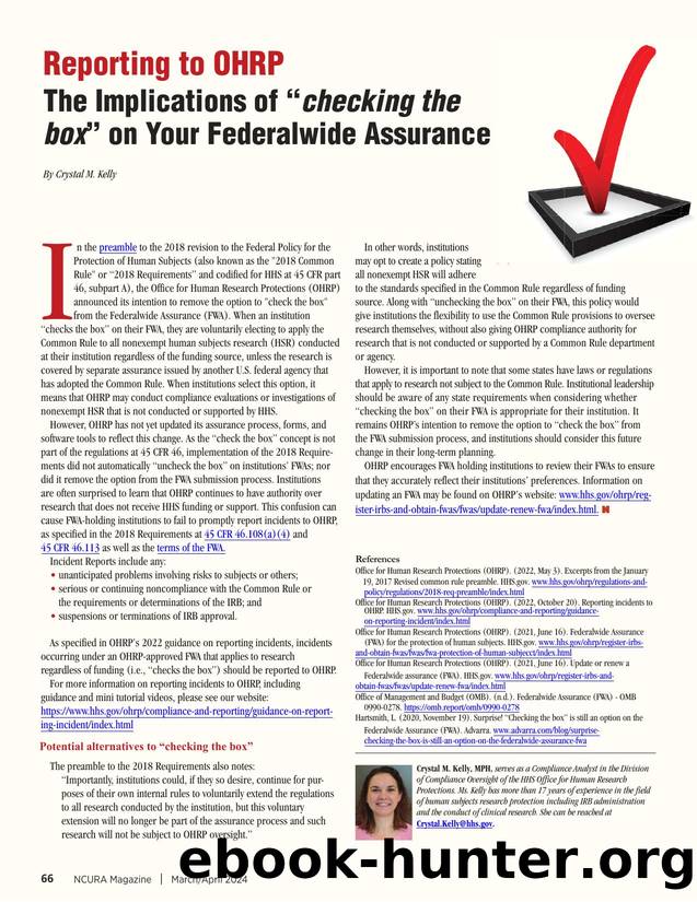 Reporting to OHRP Checking the Box NCURA Magazine by Crystal M. Kelly