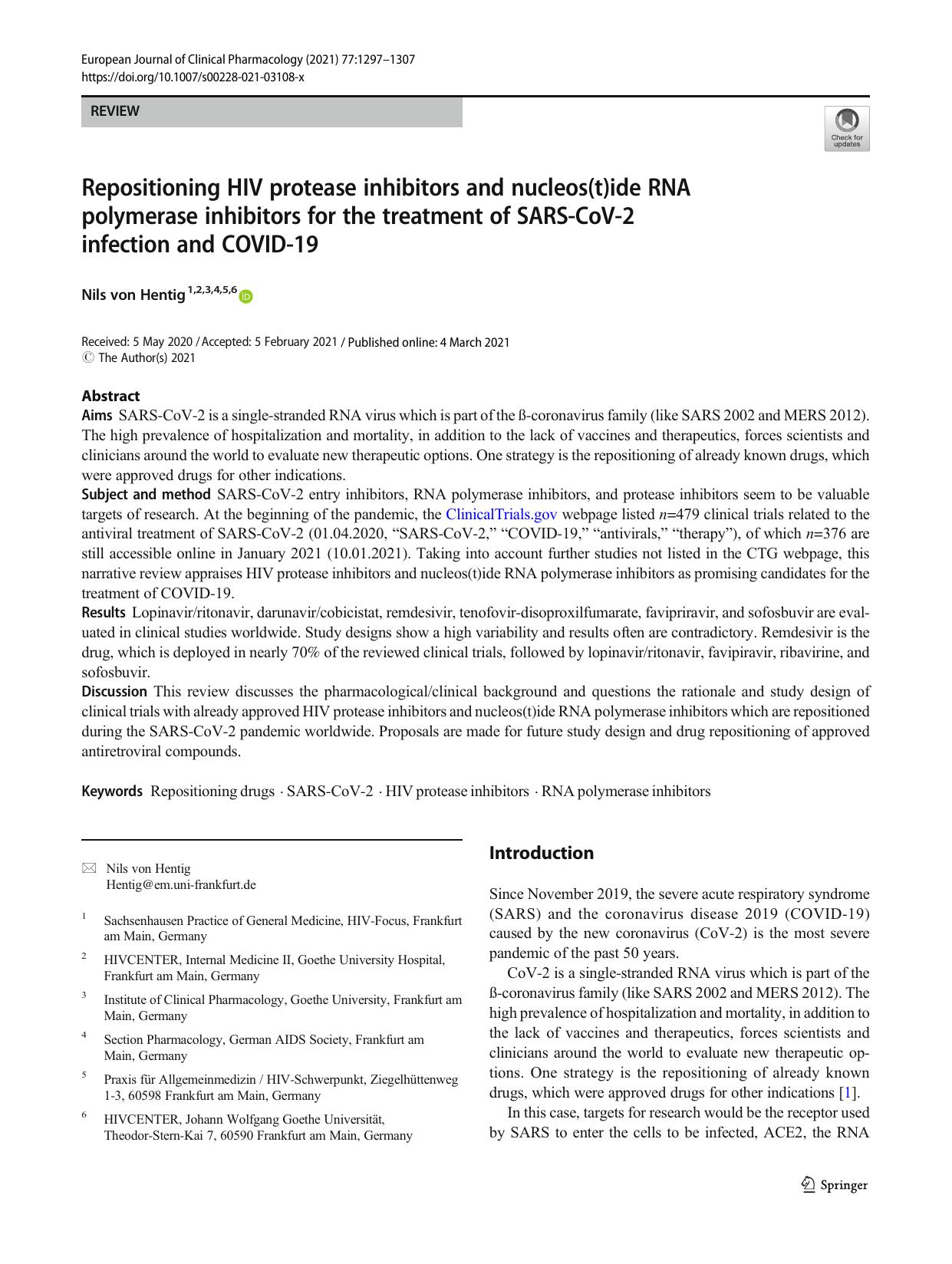 Repositioning HIV protease inhibitors and nucleos(t)ide RNA polymerase inhibitors for the treatment of SARS-CoV-2 infection and COVID-19 by Nils Hentig