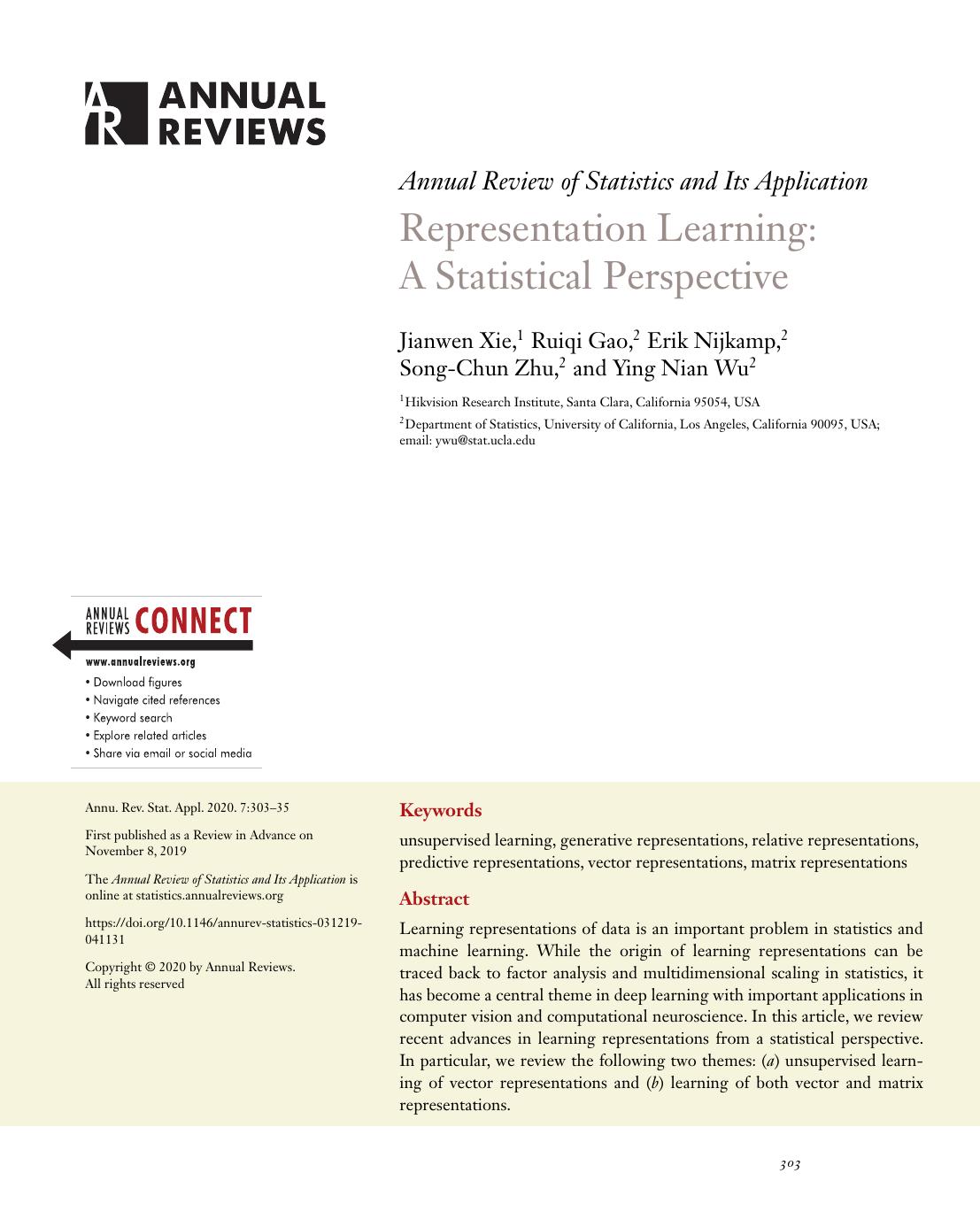 Representation Learning: A Statistical Perspective by Jianwen Xie Ruiqi Gao Erik Nijkamp Song-Chun Zhu Ying Nian Wu
