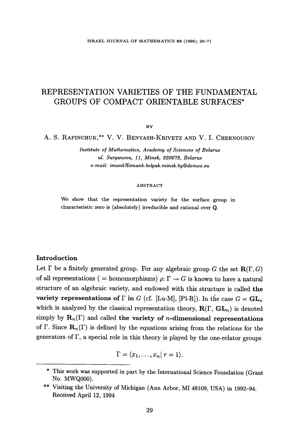 Representation varieties of the fundamental groups of compact orientable surfaces by Unknown