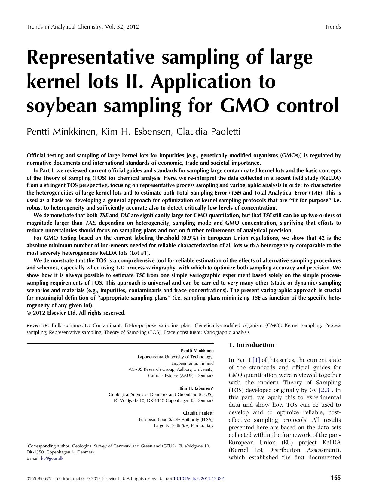 Representative sampling of large kernel lots II. Application to soybean sampling for GMO control by Pentti Minkkinen & Kim H. Esbensen & Claudia Paoletti