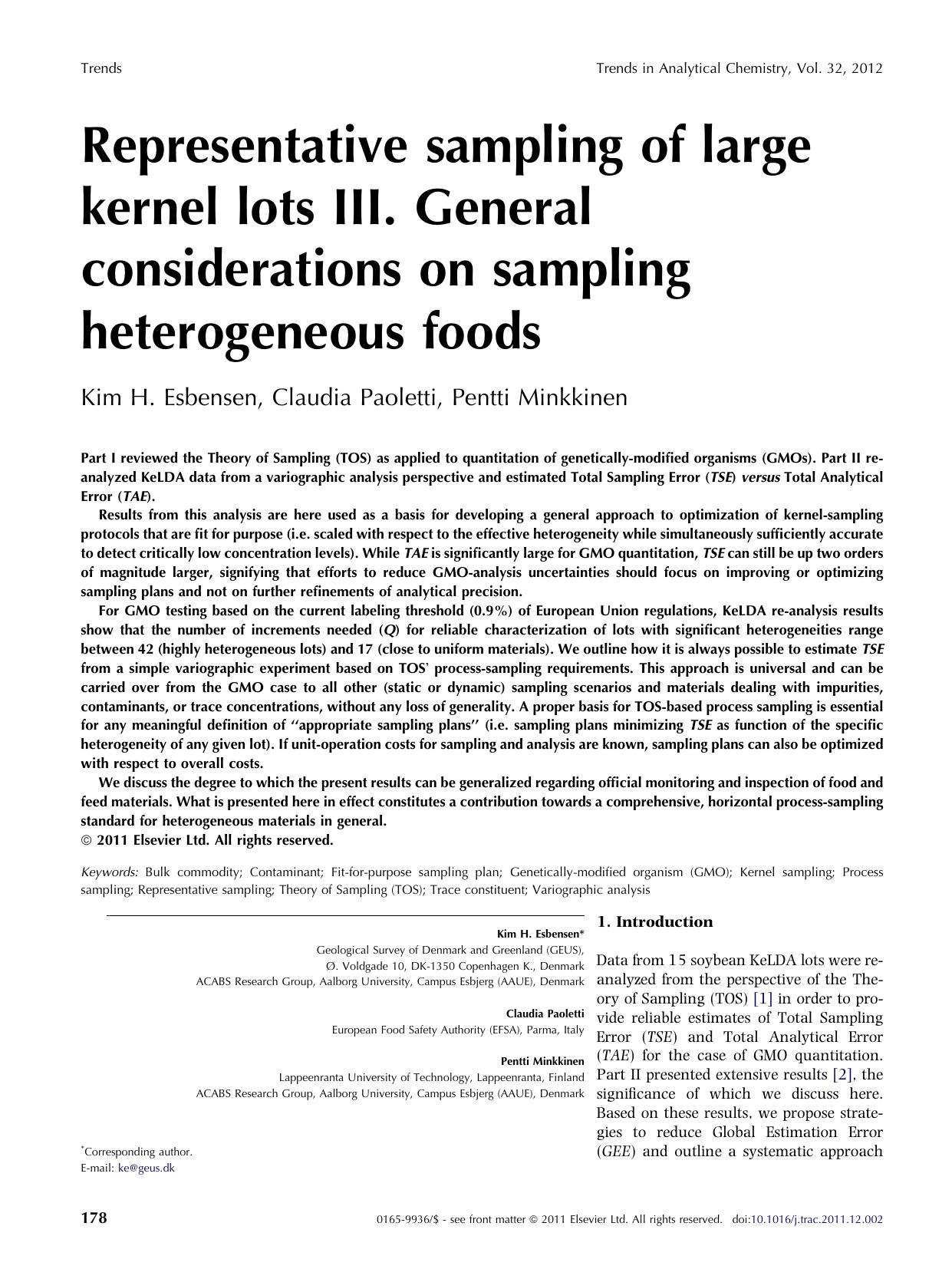 Representative sampling of large kernel lots III. General considerations on sampling heterogeneous foods by Kim H. Esbensen & Claudia Paoletti & Pentti Minkkinen