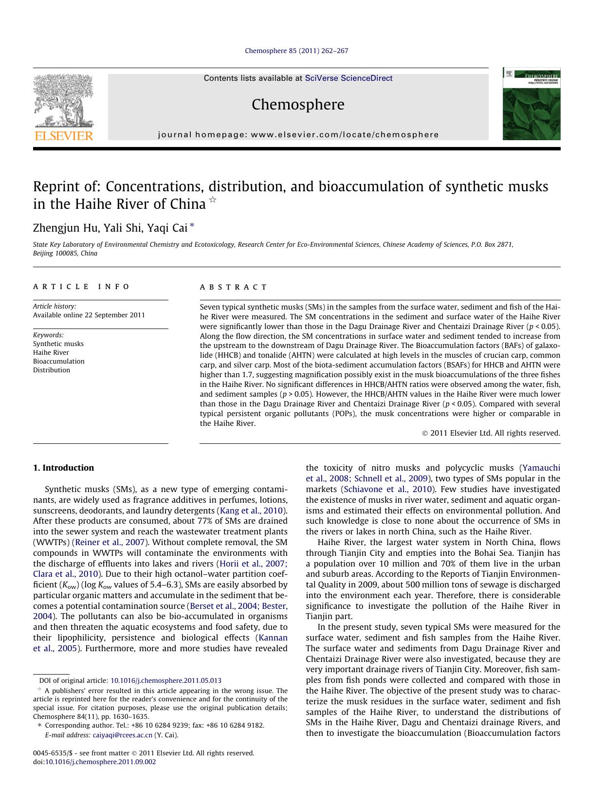 Reprint of: Concentrations, distribution, and bioaccumulation of synthetic musks in the Haihe River of China by Zhengjun Hu & Yali Shi & Yaqi Cai