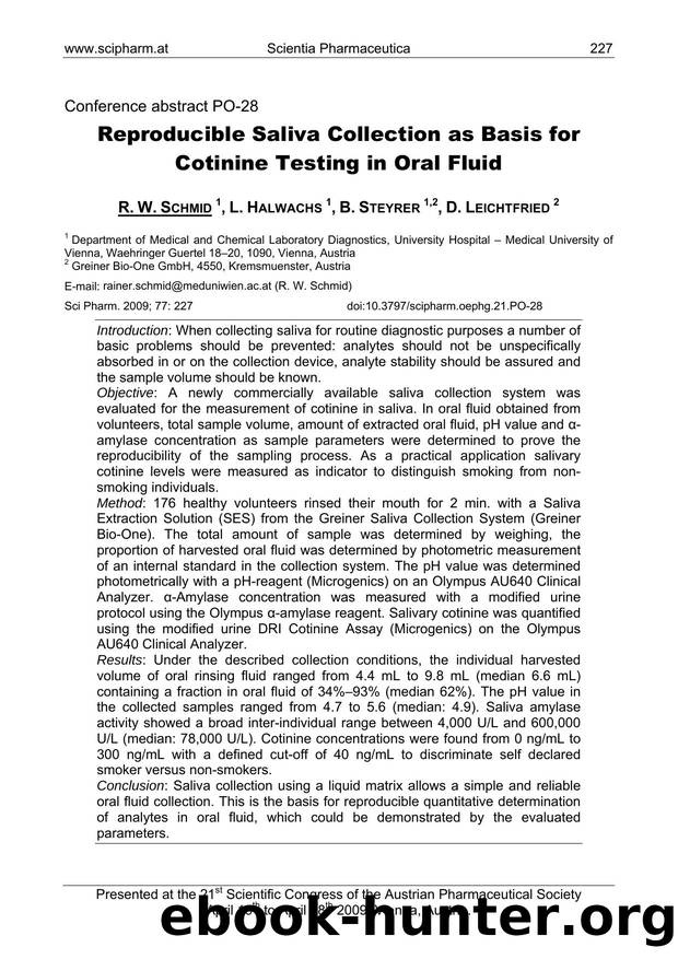 Reproducible Saliva Collection as Basis for Cotinine Testing in Oral Fluid by R. W. SCHMID & L. HALWACHS & B. STEYRER & D. LEICHTFRIED