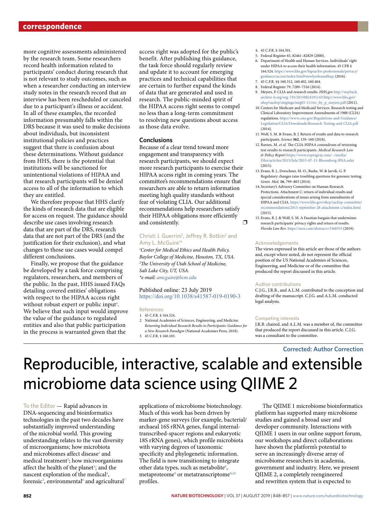 Reproducible, interactive, scalable and extensible microbiome data science using QIIME 2 by unknow