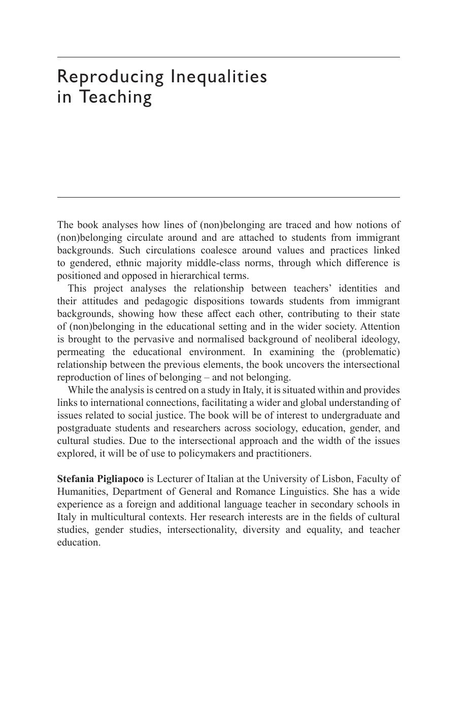 Reproducing Inequalities in Teaching: Gender, Class and Ethnicity in Italian Education by Stefania Pigliapoco