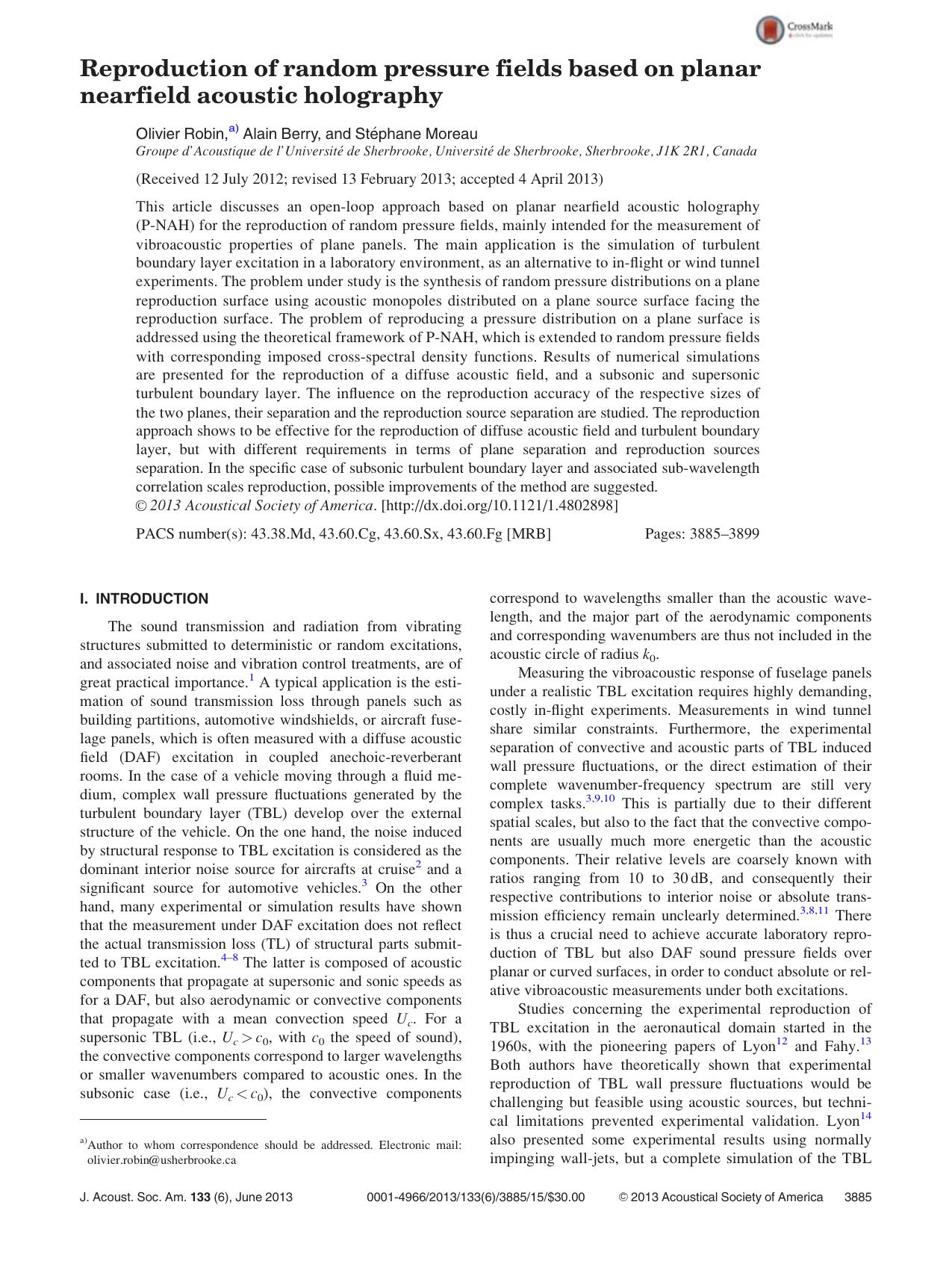 Reproduction of random pressure fields based on planar nearfield acoustic holography by Olivier Robin a) Alain Berry and St & ephane Moreau