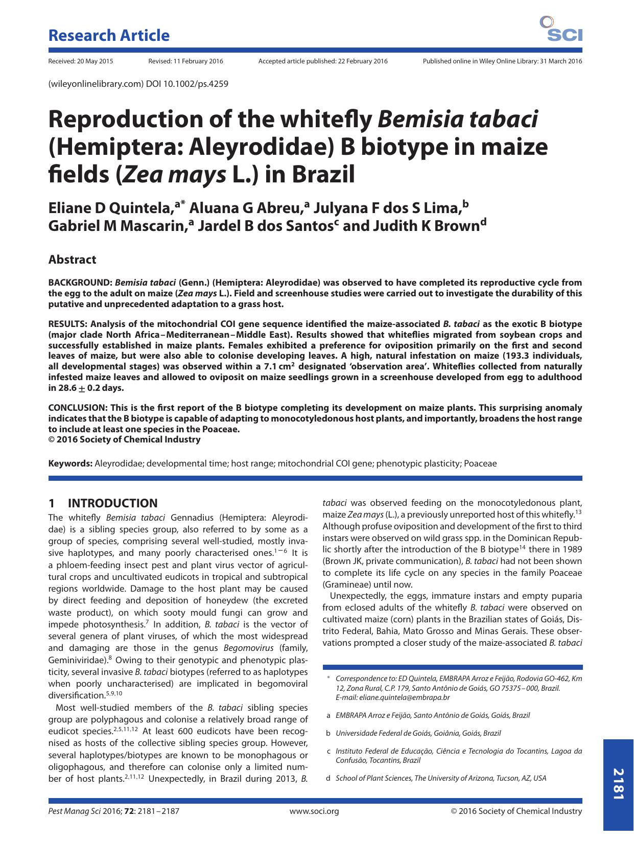 Reproduction of the whitefly Bemisia tabaci (Hemiptera: Aleyrodidae) B biotype in maize fields (Zea mays L.) in Brazil by Unknown