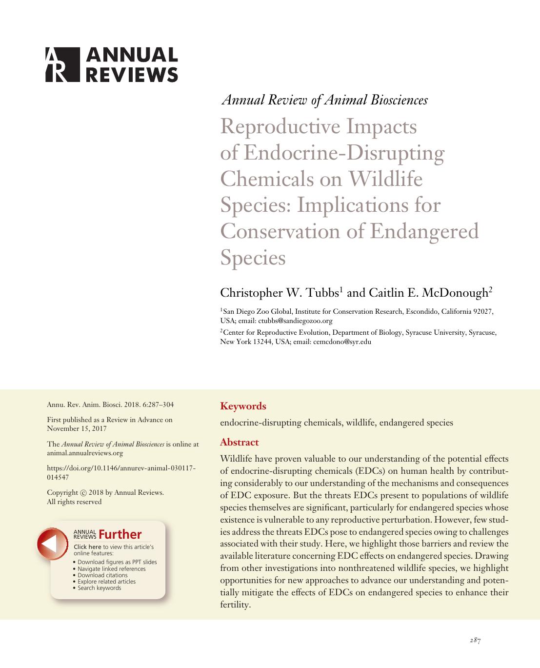 Reproductive Impacts of Endocrine-Disrupting Chemicals on Wildlife Species: Implications for Conservation of Endangered Species by Christopher W. Tubbs and Caitlin E. McDonough