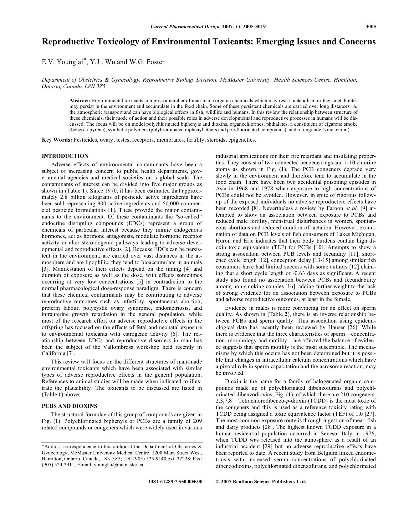 Reproductive Toxicology of Environmental Toxicants: Emerging Issues and Concerns by E. V. Younglai ; Y. J . Wu ; W. G. Foster