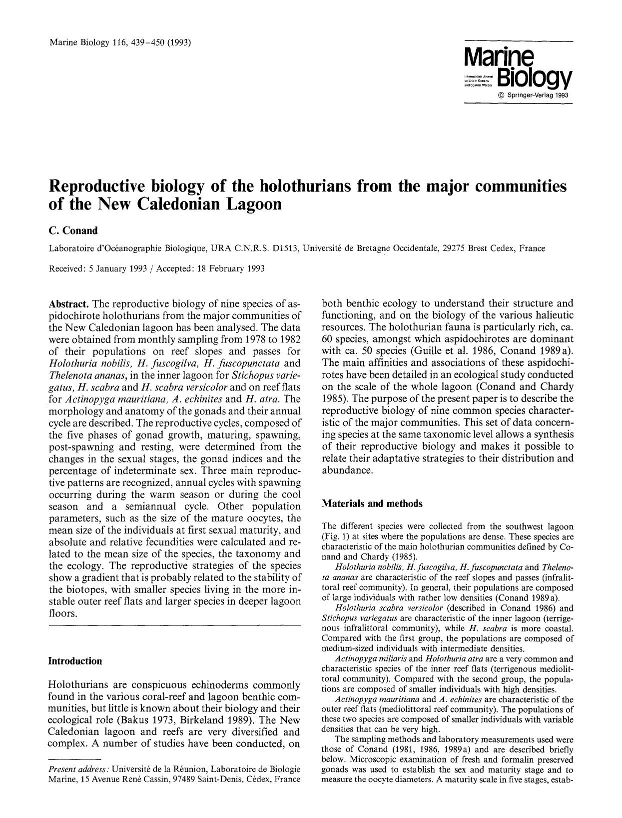 Reproductive biology of the holothurians from the major communities of the New Caledonian Lagoon by Unknown