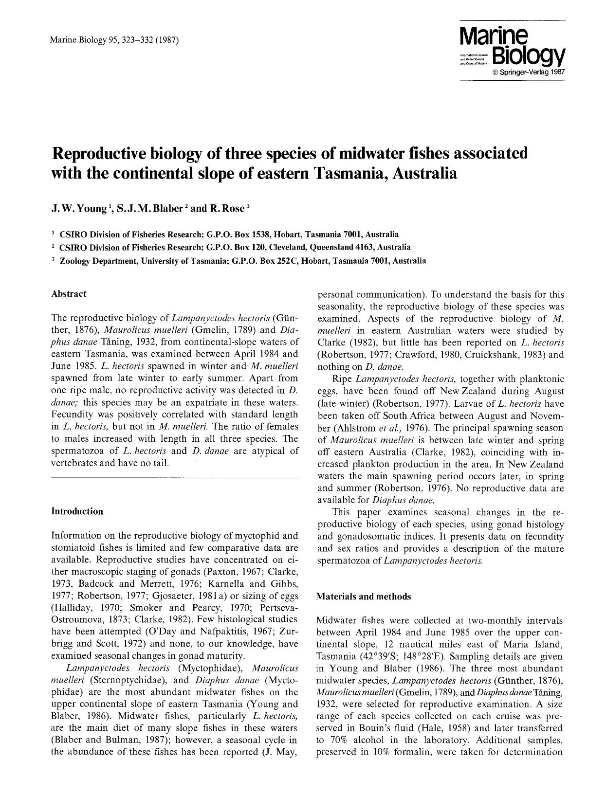 Reproductive biology of three species of midwater fishes associated with the continental slope of eastern Tasmania, Australia by Unknown