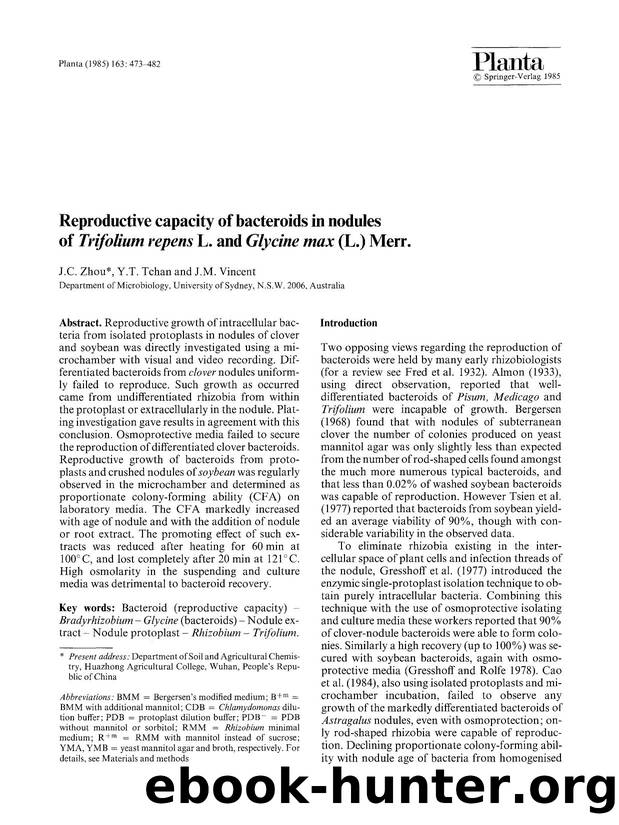 Reproductive capacity of bacteroids in nodules of <Emphasis Type="Italic">Trifolium repens<Emphasis> L. and <Emphasis Type="Italic">Glycine max<Emphasis> (L.) Merr. by Unknown