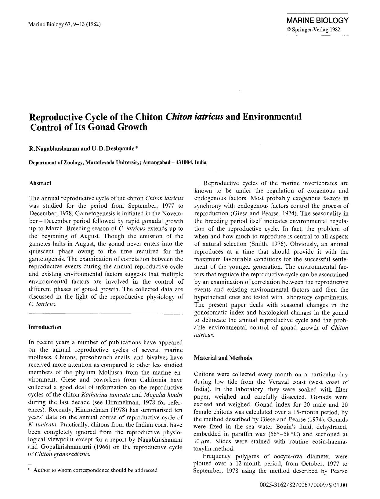 Reproductive cycle of the chiton <Emphasis Type="Italic">Chiton iatricus<Emphasis> and environmental control of its gonad growth by Unknown