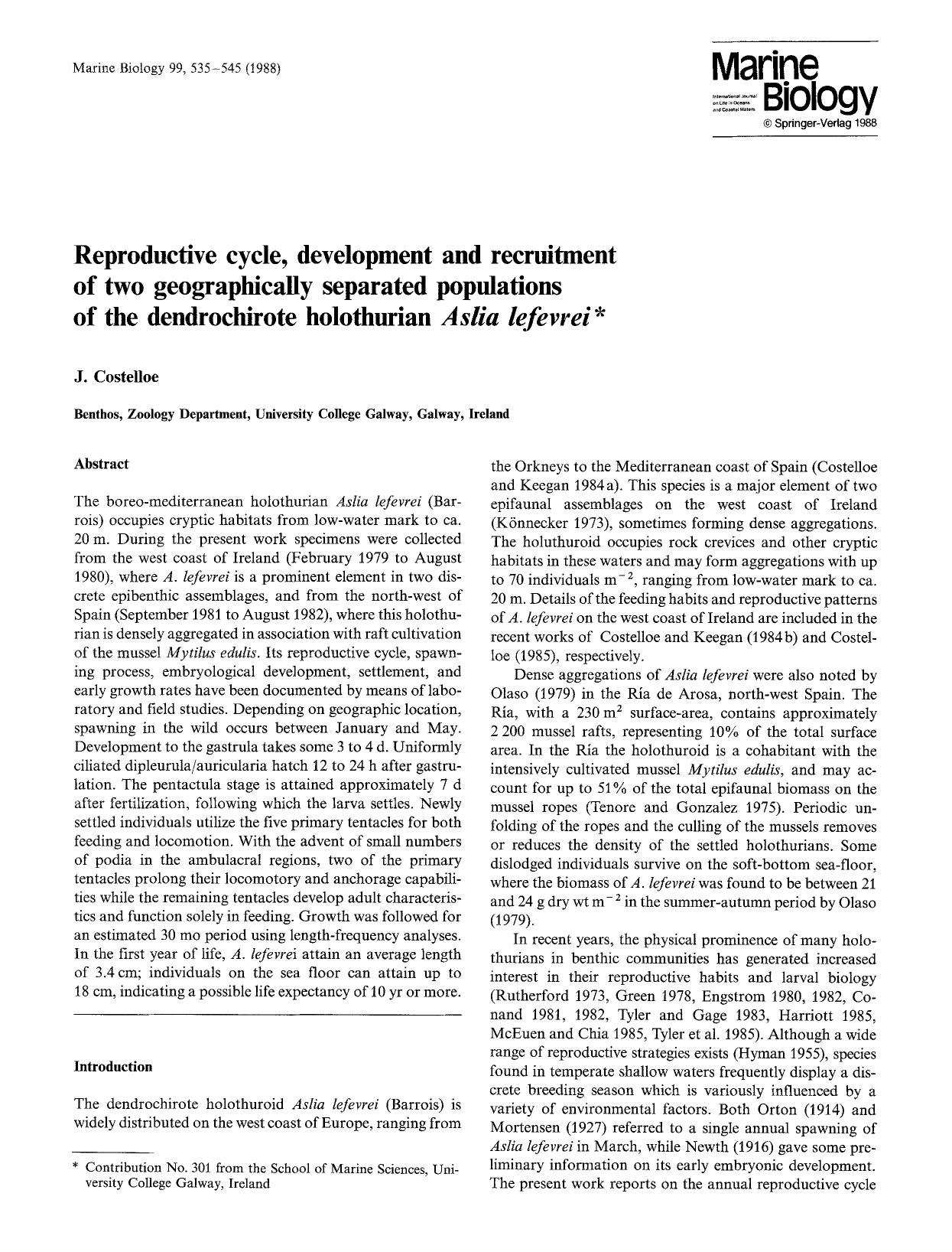 Reproductive cycle, development and recruitment of two geographically separated populations of the dendrochirote holothurian <Emphasis Type="Italic">Aslia lefevrei<Emphasis> by Unknown