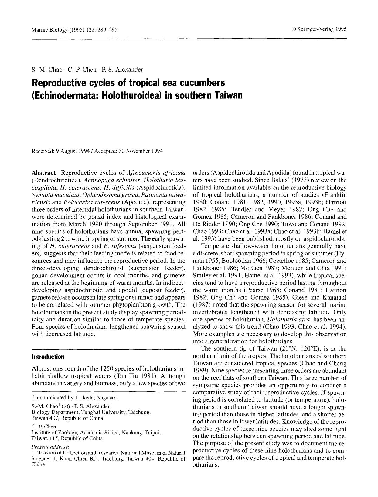 Reproductive cycles of tropical sea cucumbers (Echinodermata: Holothuroidea) in southern Taiwan by Unknown