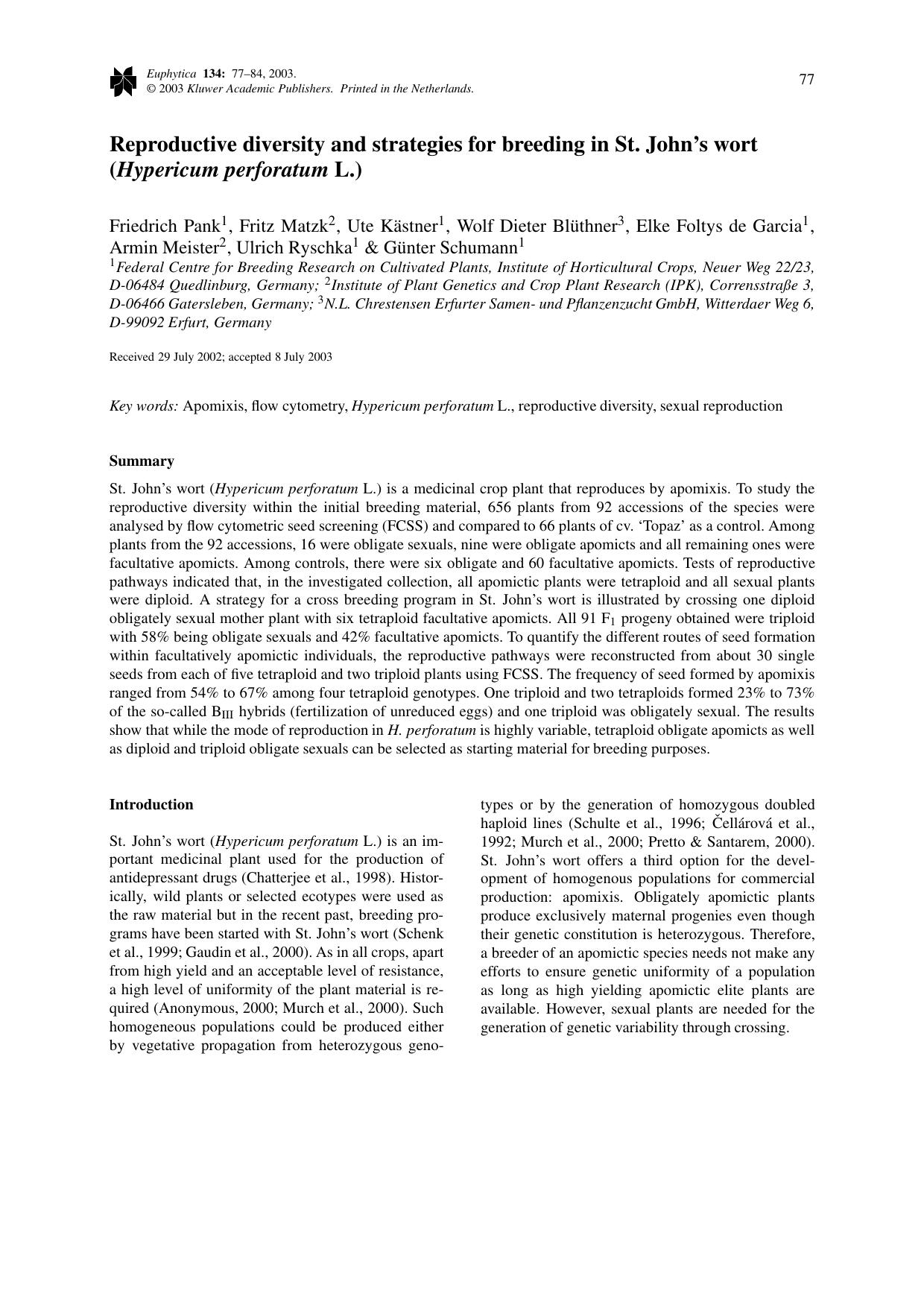 Reproductive diversity and strategies for breeding in St. John's wort (<Emphasis Type="Italic">Hypericum perforatum<Emphasis> L.) by Unknown