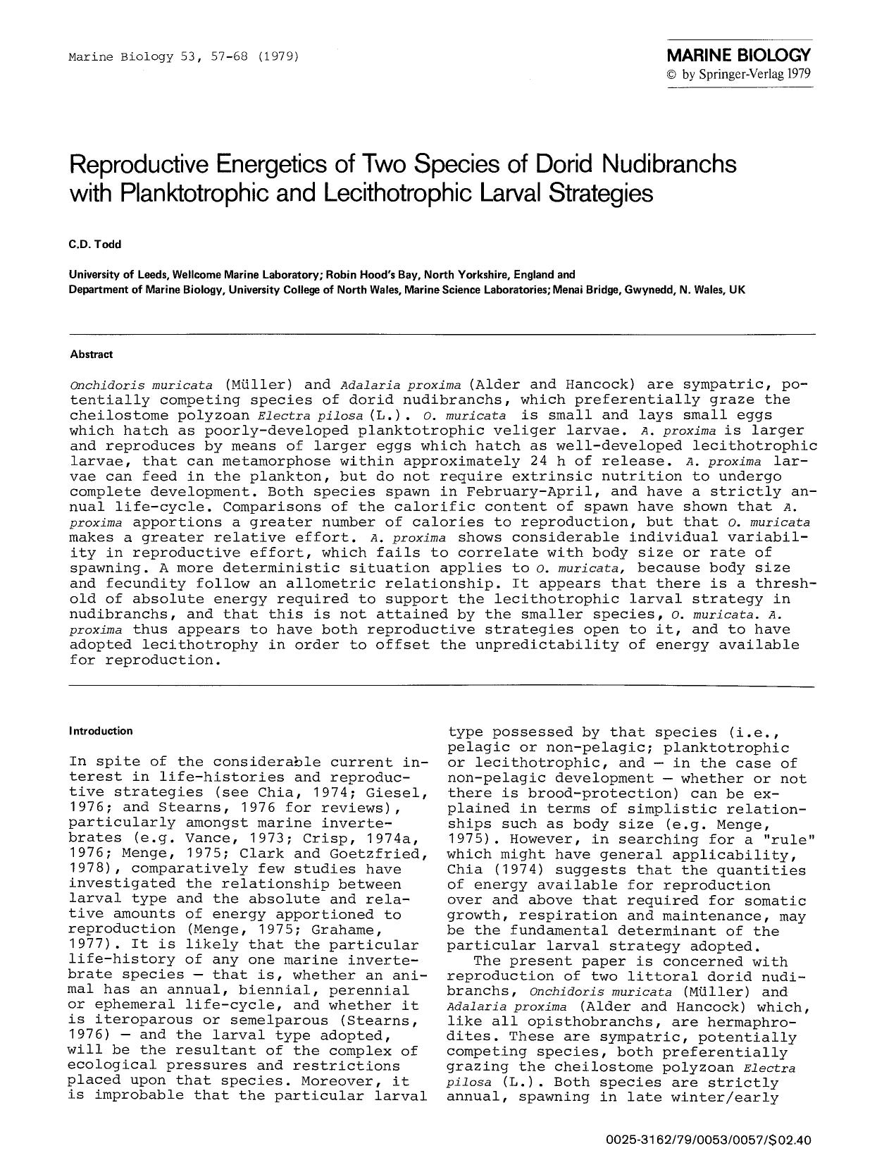 Reproductive energetics of two species of dorid nudibranchs with planktotrophic and lecithotrophic larval strategies by Unknown