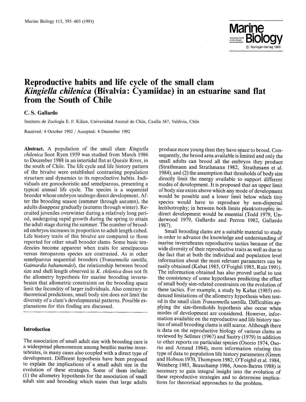 Reproductive habits and life cycle of the small clam <Emphasis Type="Italic">Kingiella chilenica<Emphasis> (Bivalvia: Cyamiidae) in an estuarine sand flat from the south of Chile by Unknown