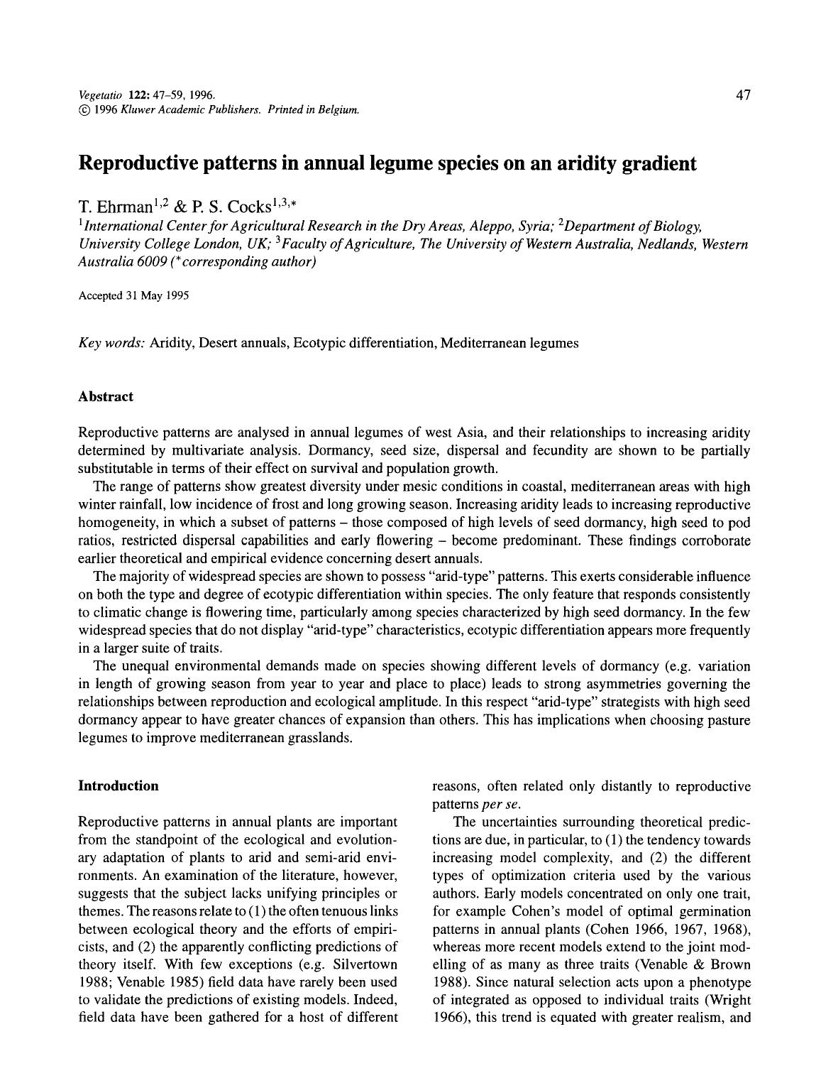 Reproductive patterns in annual legume species on an aridity gradient by Unknown