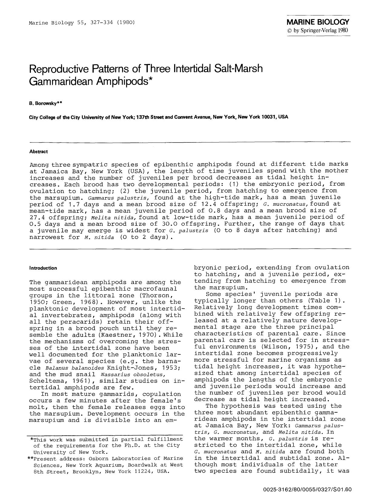 Reproductive patterns of three intertidal salt-marsh gammaridean amphipods by Unknown