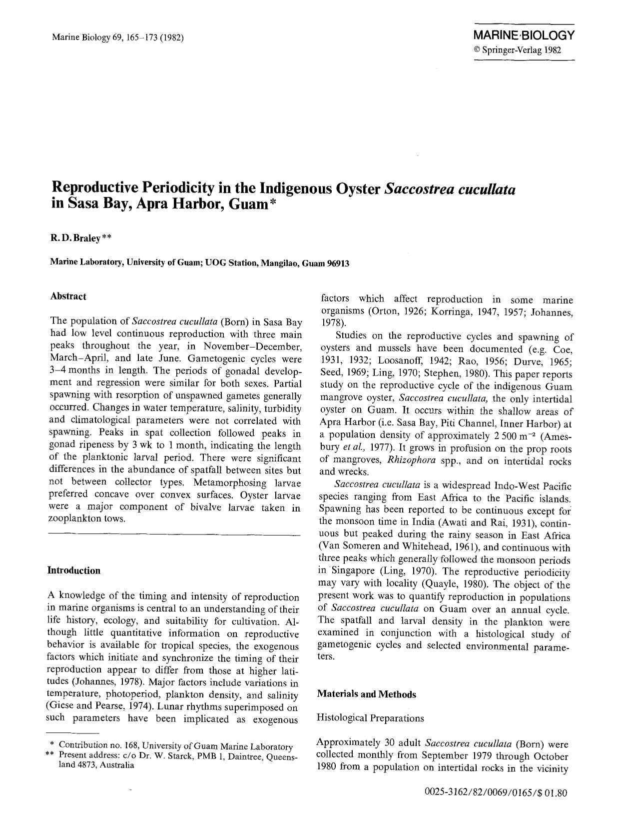Reproductive periodicity in the indigenous oyster <Emphasis Type="Italic">Saccostrea cucullata<Emphasis> in Sasa Bay, Apra Harbor, Guam by Unknown