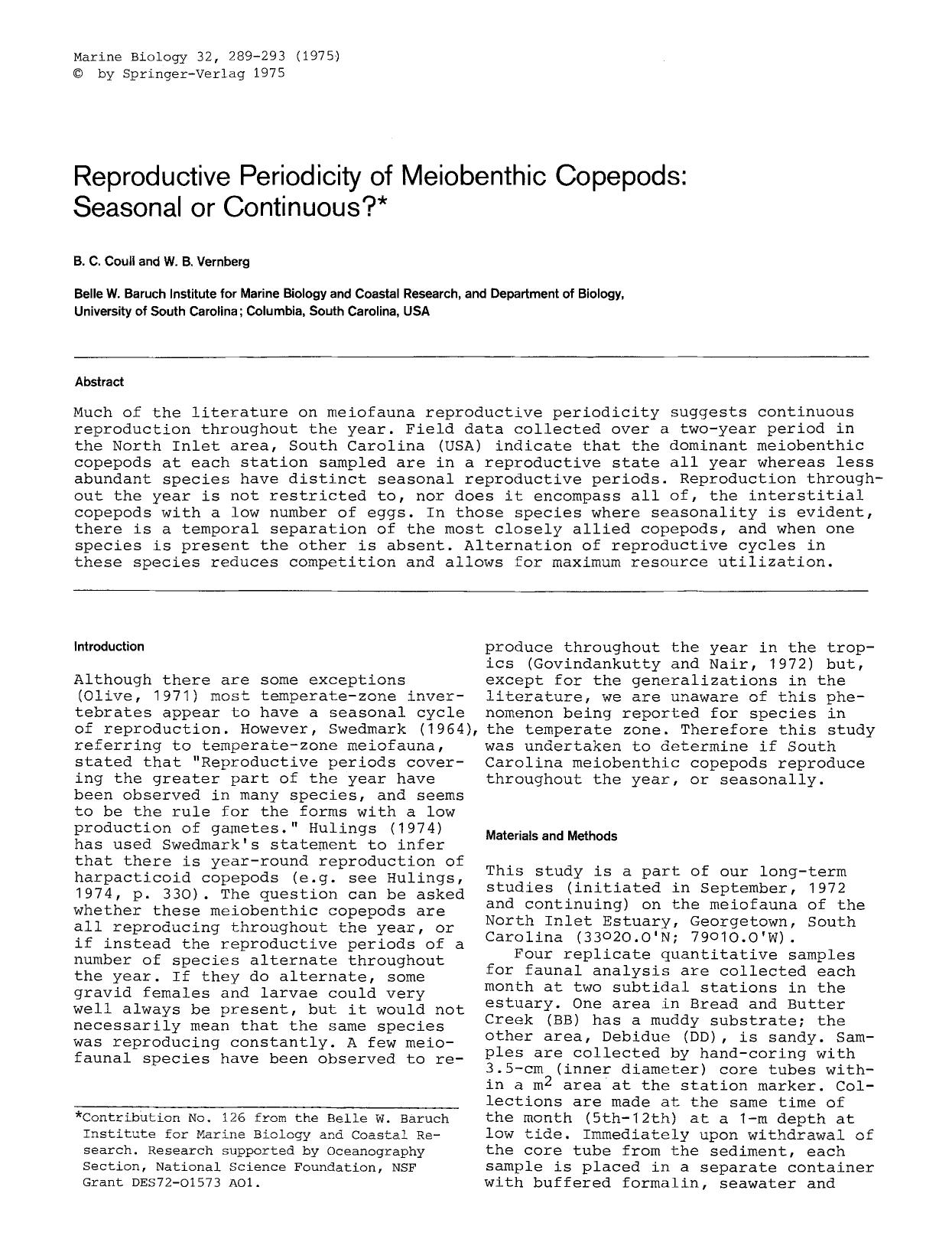 Reproductive periodicity of meiobenthic copepods: Seasonal of continuous? by Unknown