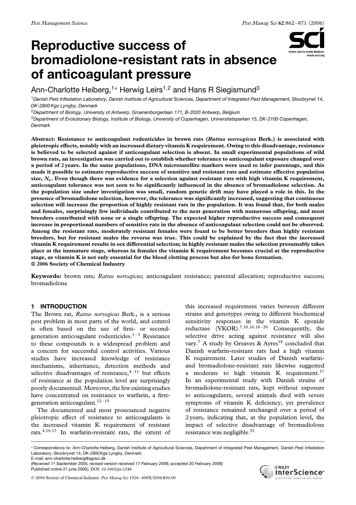 Reproductive success of bromadiolone-resistant rats in absence of anticoagulant pressure by Unknown