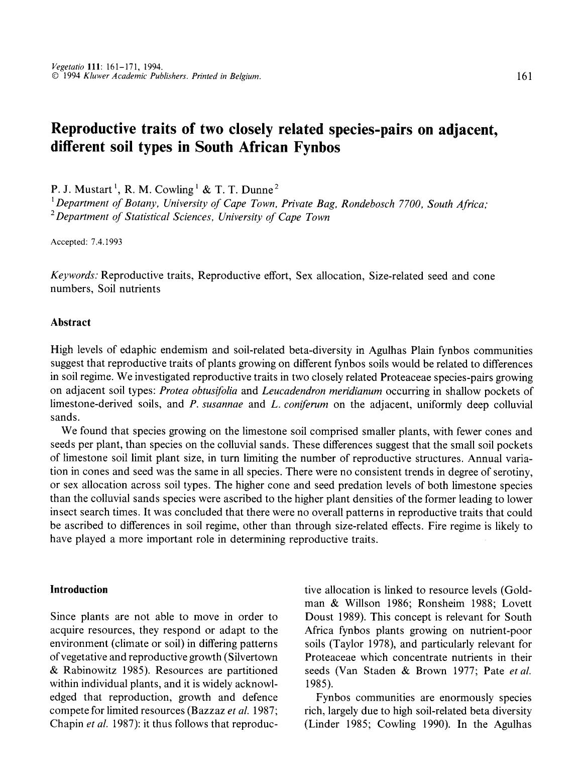 Reproductive traits of two closely related species-pairs on adjacent, different soil types in South African Fynbos by Unknown