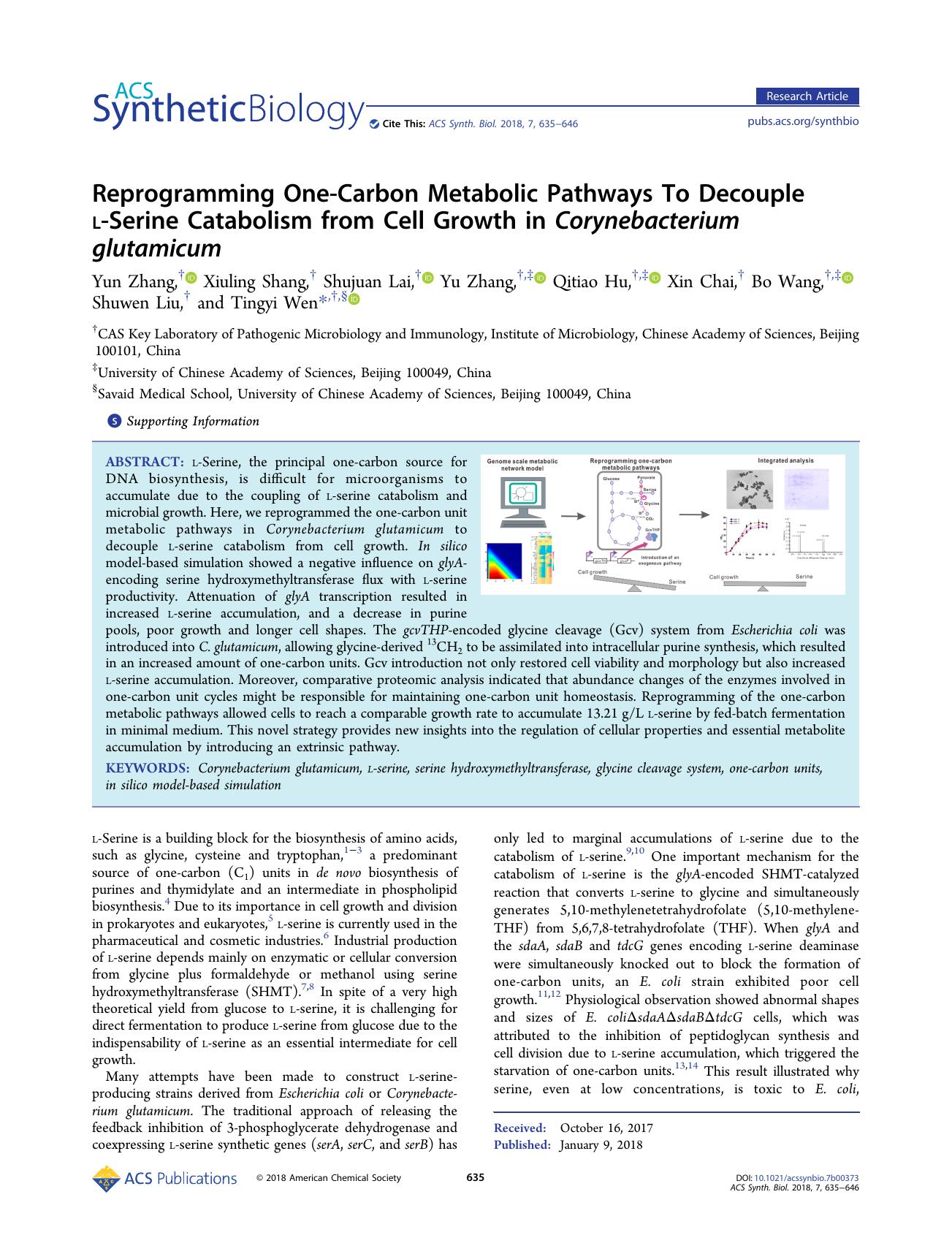 Reprogramming One-Carbon Metabolic Pathways To Decouple l-Serine Catabolism from Cell Growth in Corynebacterium glutamicum by unknow