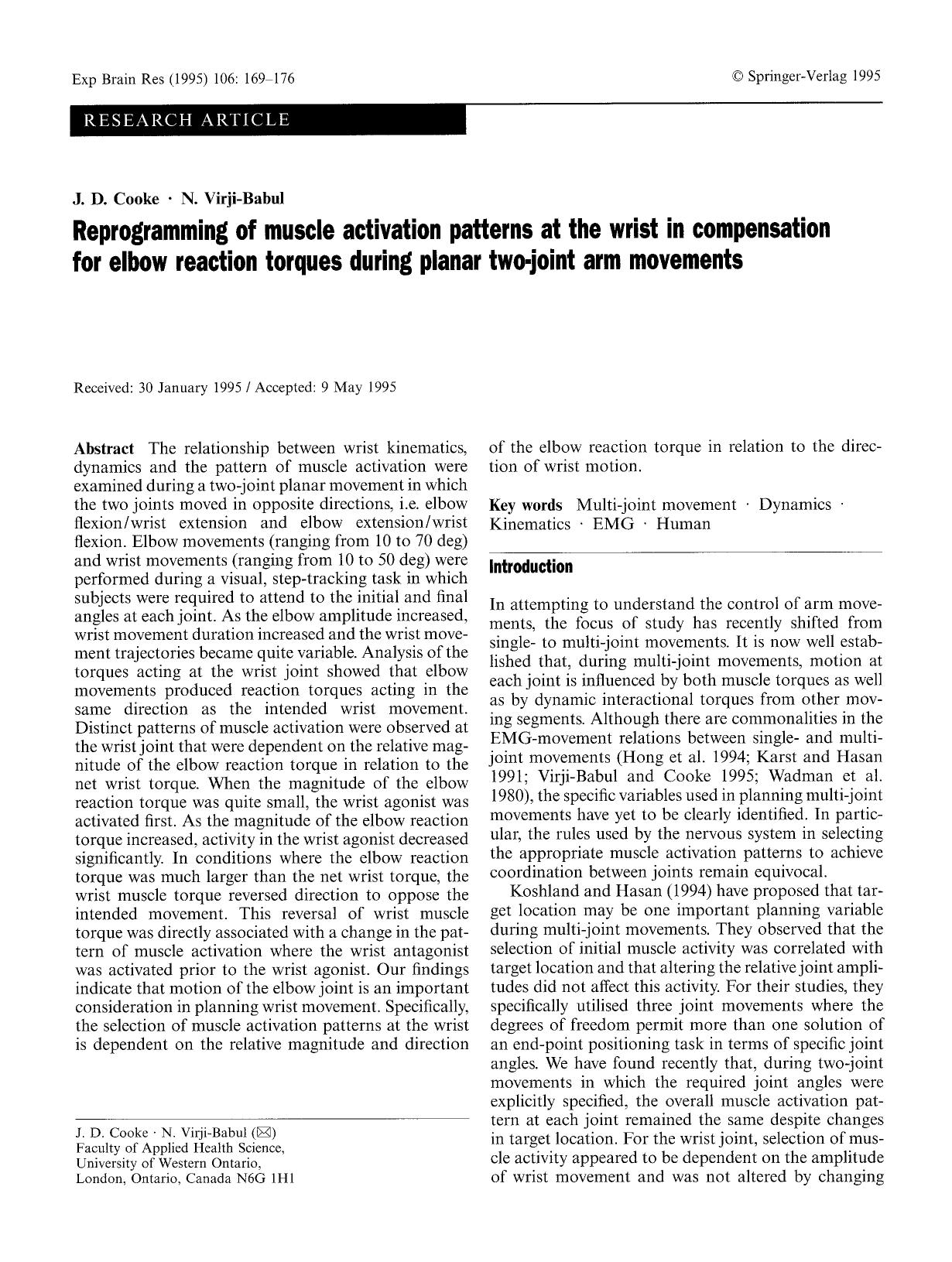 Reprogramming of muscle activation patterns at the wrist in compensation for elbow reaction torques during planar two-joint arm movements by Unknown