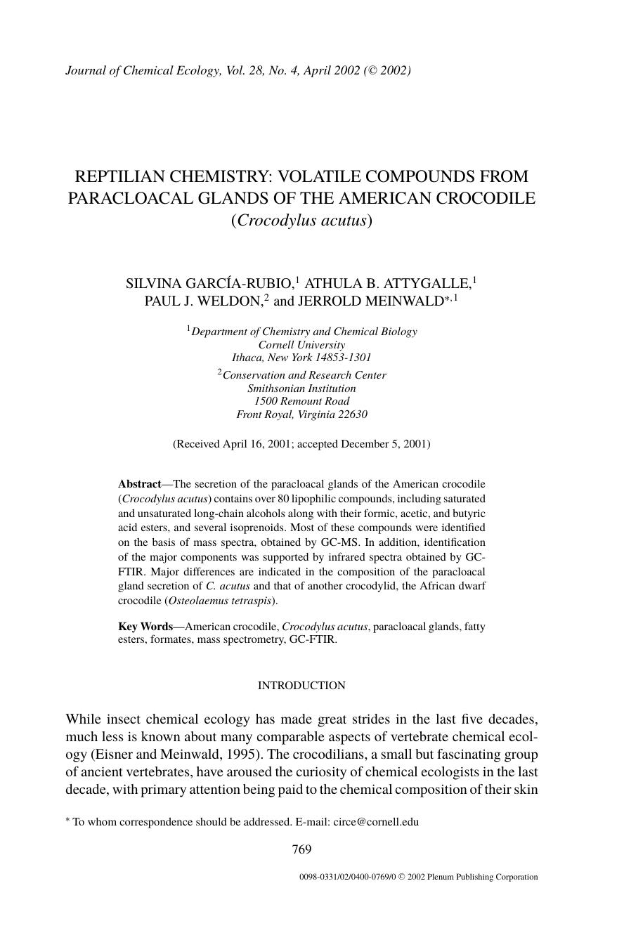 Reptilian Chemistry: Volatile Compounds from Paracloacal Glands of the American Crocodile (<Emphasis Type="Italic">Crocodylus acutus<Emphasis>) by Unknown