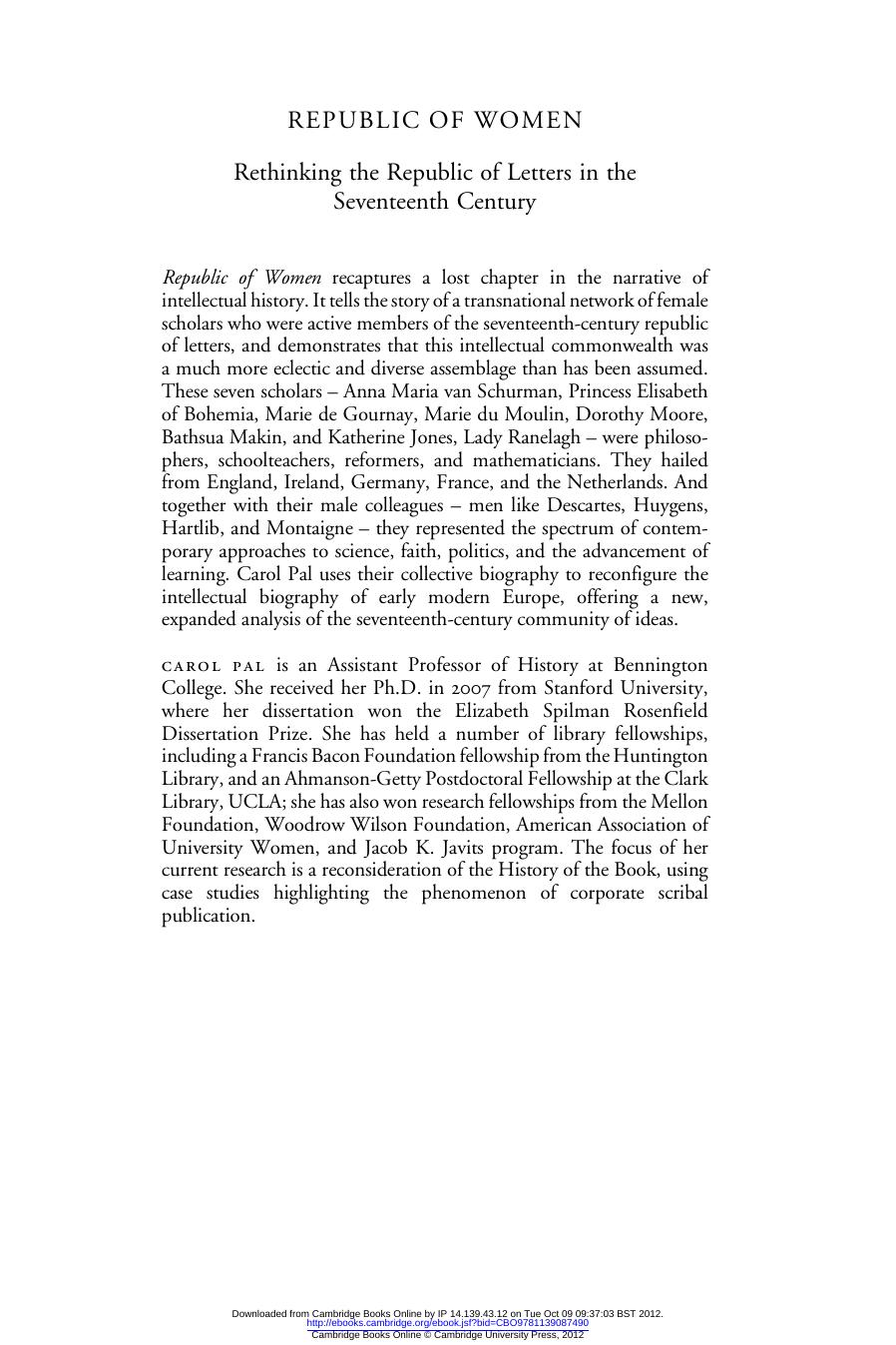 Republic of women: rethinking the republic of letters in the seventeenth century by CAROL PAL