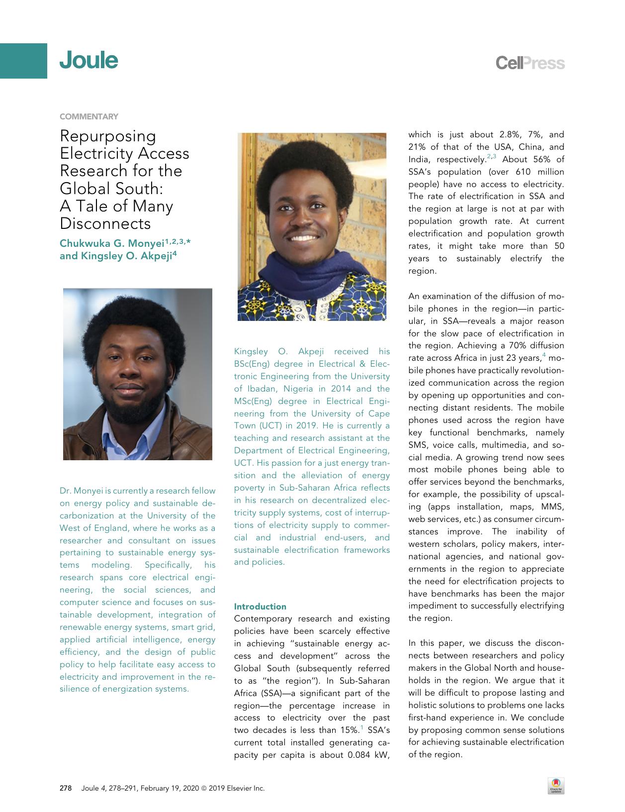 Repurposing Electricity Access Research for the Global South: A Tale of Many Disconnects by Chukwuka G. Monyei & Kingsley O. Akpeji