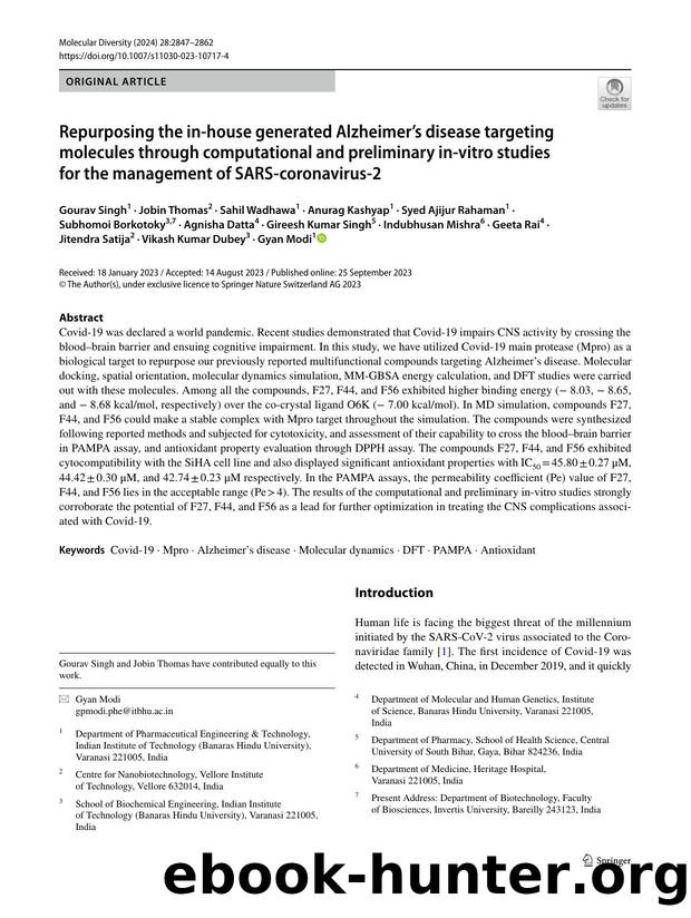 Repurposing the in-house generated Alzheimerâs disease targeting molecules through computational and preliminary in-vitro studies for the management of SARS-coronavirus-2 by unknow