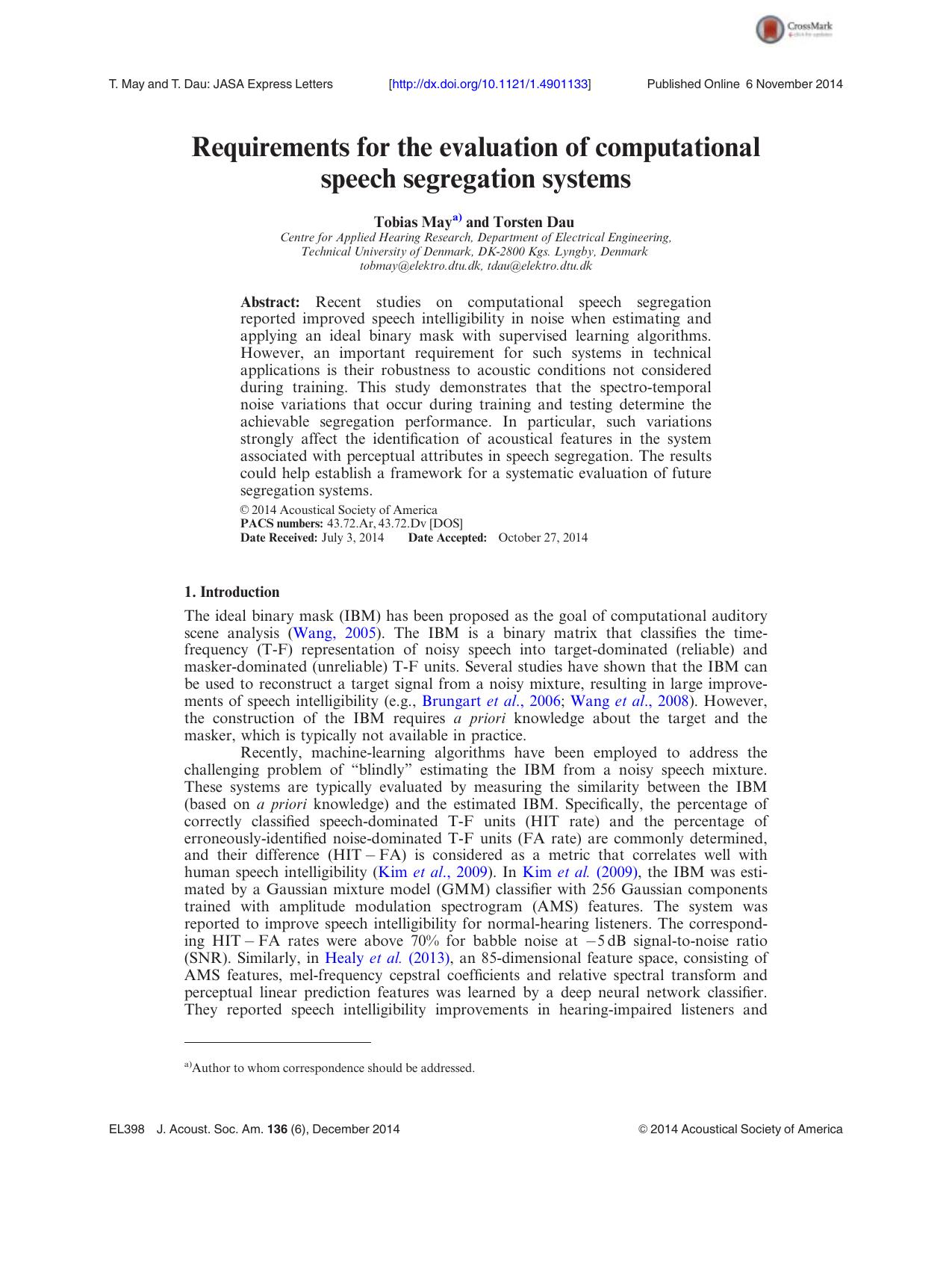 Requirements for the evaluation of computational speech segregation systems by Tobias May & Torsten Dau