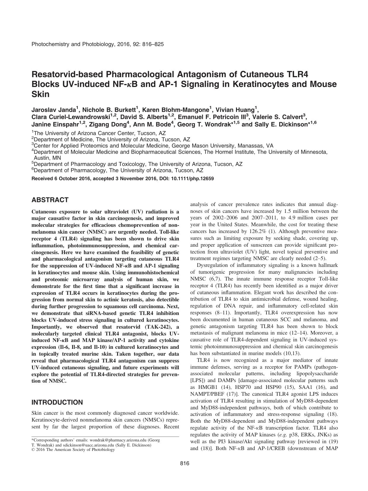 Resatorvidâbased Pharmacological Antagonism of Cutaneous TLR4 Blocks UVâinduced NFâÎºB and APâ1 Signaling in Keratinocytes and Mouse Skin by Unknown