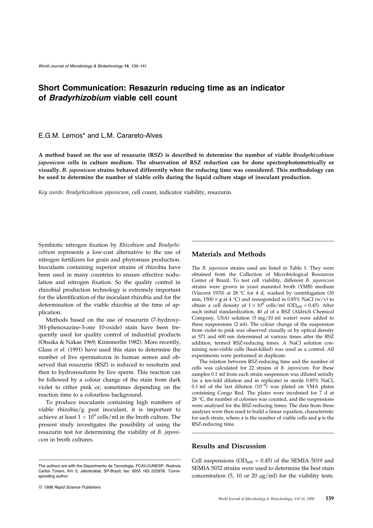 Resazurin reducing time as an indicator of Bradyrhizobium viable cell count by Unknown