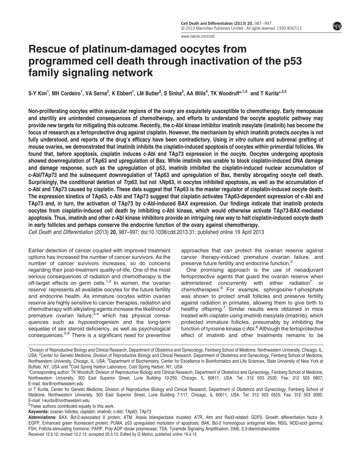Rescue of platinum-damaged oocytes from programmed cell death through inactivation of the p53 family signaling network by unknow